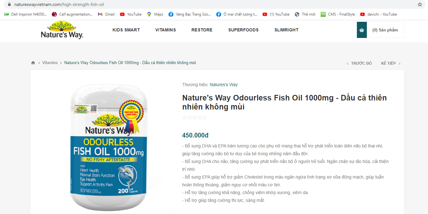 Viên uống dầu cá Nature’s Way Odourless Fish Oil có giá khoảng 450.000 /Hộp 200 viên