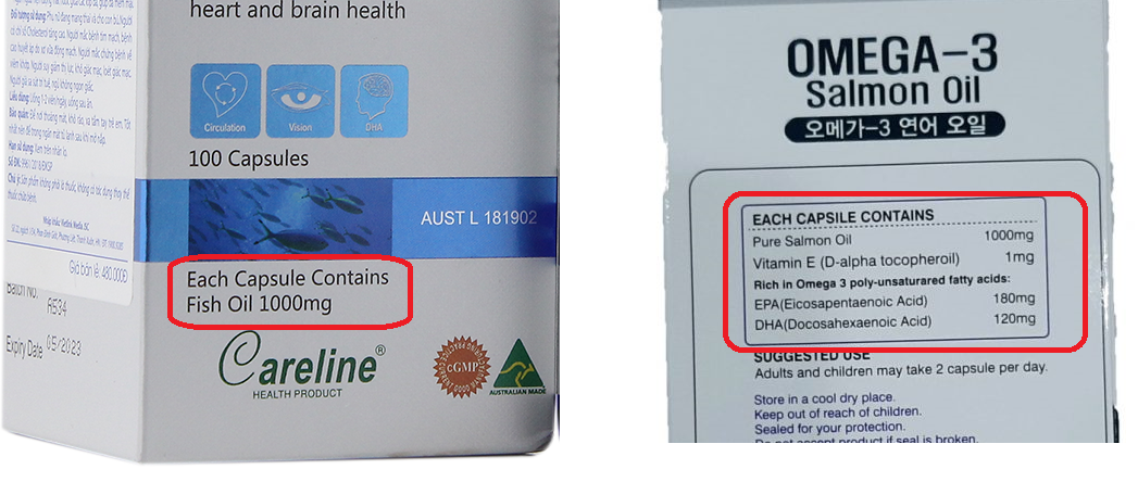 Salmon Oil Omega 3 Hàn Quốc và Careline Fish Oil của Úc có sự khác biệt về hàm lượng thành phần?