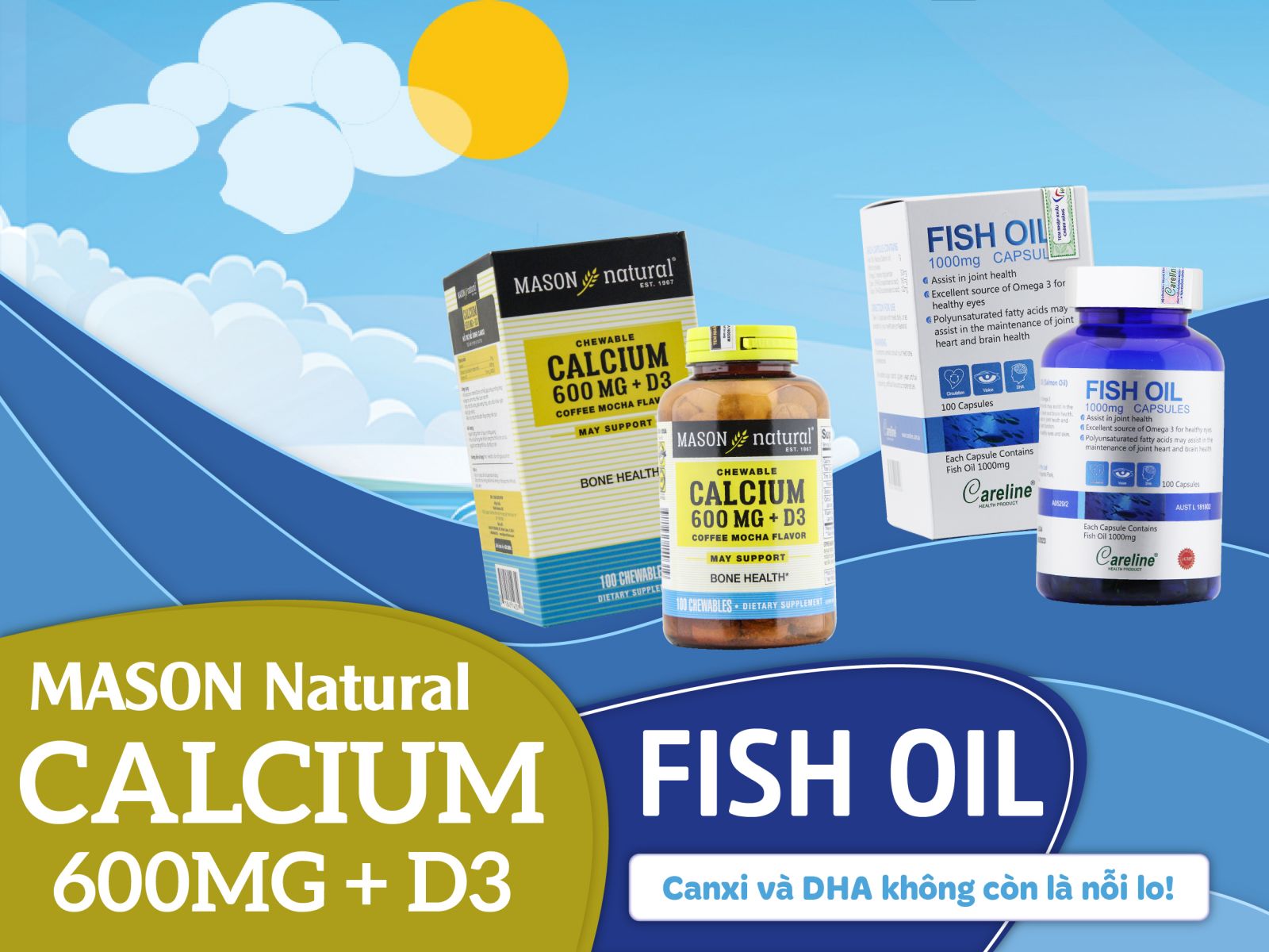 Mason Natural Calcium 600mg và D3 và Fish Oil – Canxi và DHA không còn là nỗi lo